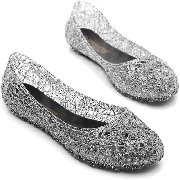 Womens Jelly Sandals, White Jelly Shoes Glitter Flats for Women Size 9, Slip On - Picture 3 of 7